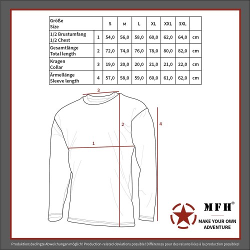 Preview: Size chart for US shirt, long sleeve